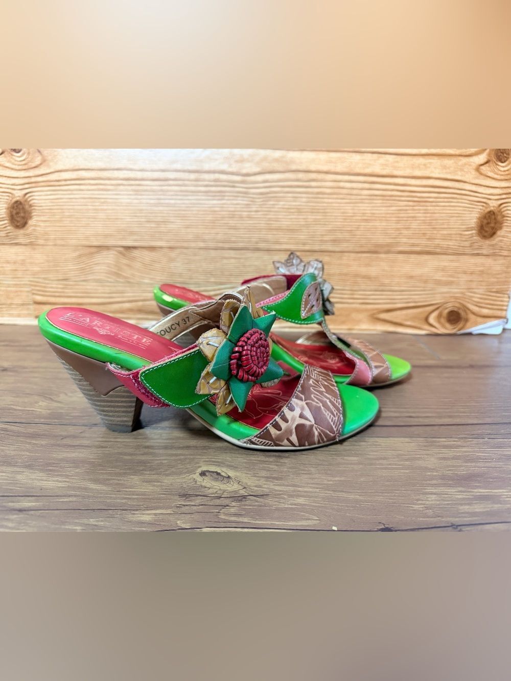 L'Artiste by Spring Step Toucy Floral Slide Sandals Heel 37 US 6.5 Red Green